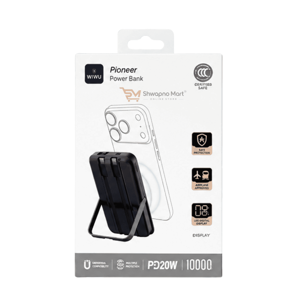 WiWU Pioneer Wi-P077 10000mAh Magnetic Wireless Power Bank – 20W PD Fast Charging with Built-in Cables & Stand