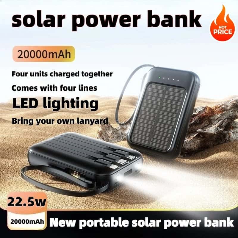 Solar Power Bank 20000mAh 22.5W Fast Charging Built-in Cables | shwapnomart