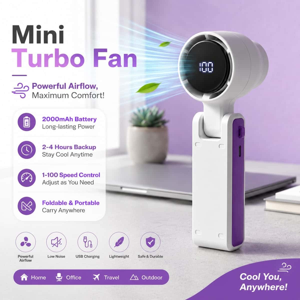 Mini Turbo Fan Rechargeable USB Handheld Foldable 2000mAh Adjustable Speed | shwapnomart