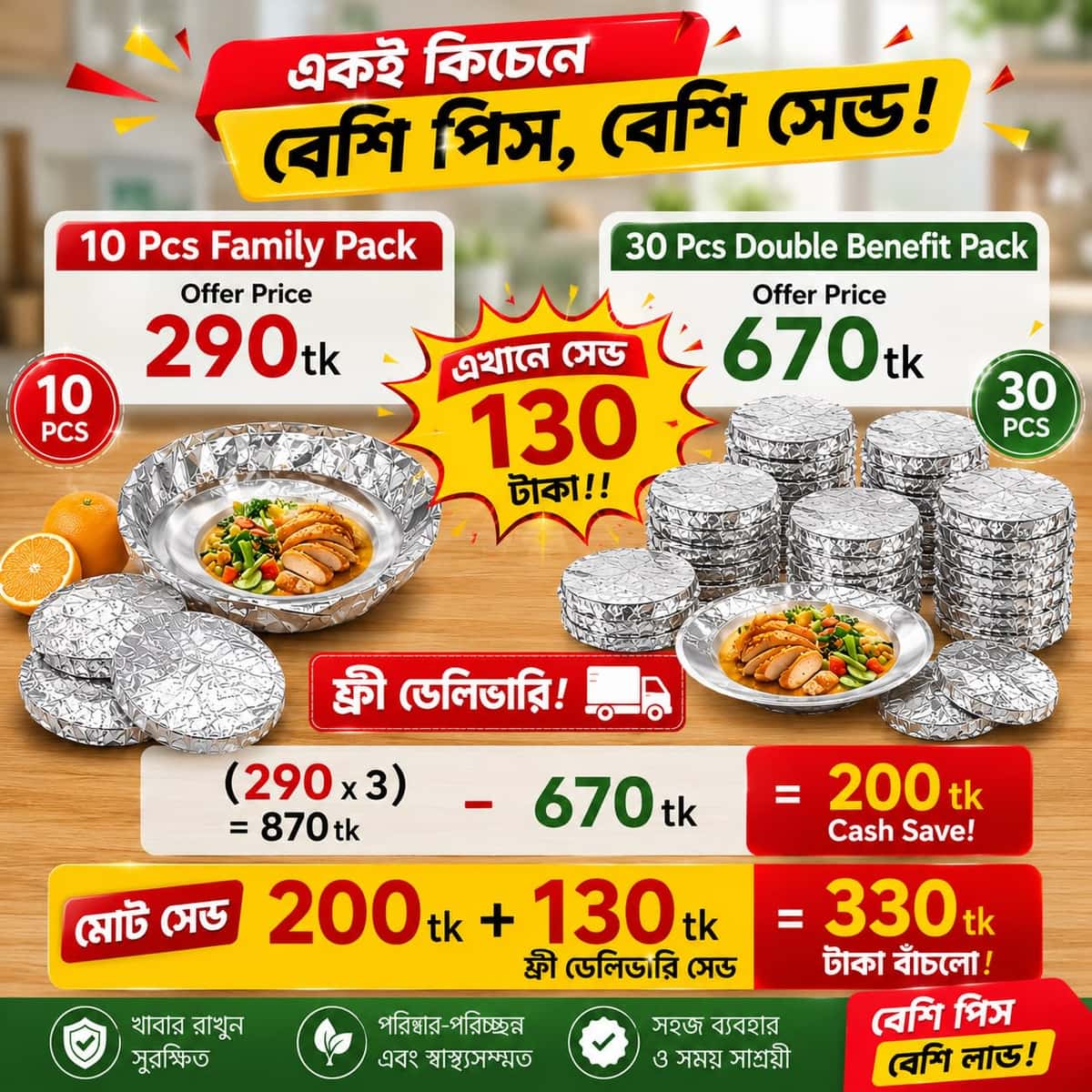 Aluminum Foil Food Bowl Covers 30PCS Reusable Elastic Fresh Keeping | ShwapnoMart