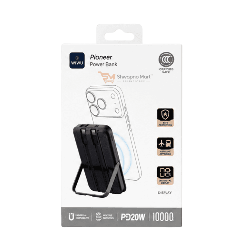 WiWU Pioneer Wi-P077 10000mAh Magnetic Wireless Power Bank – 20W PD Fast Charging with Built-in Cables & Stand