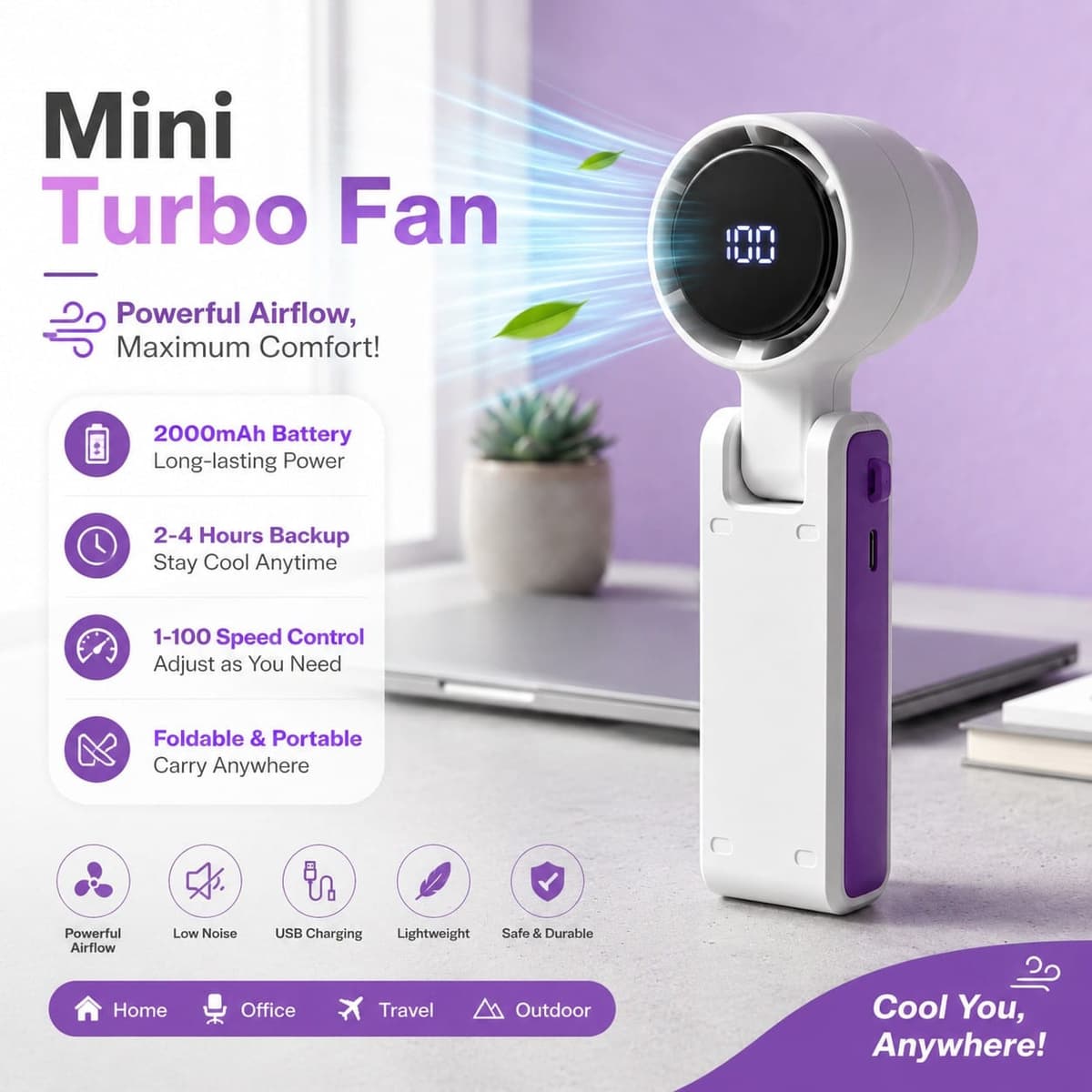 Mini Turbo Fan Rechargeable USB Handheld Foldable 2000mAh Adjustable Speed | shwapnomart
