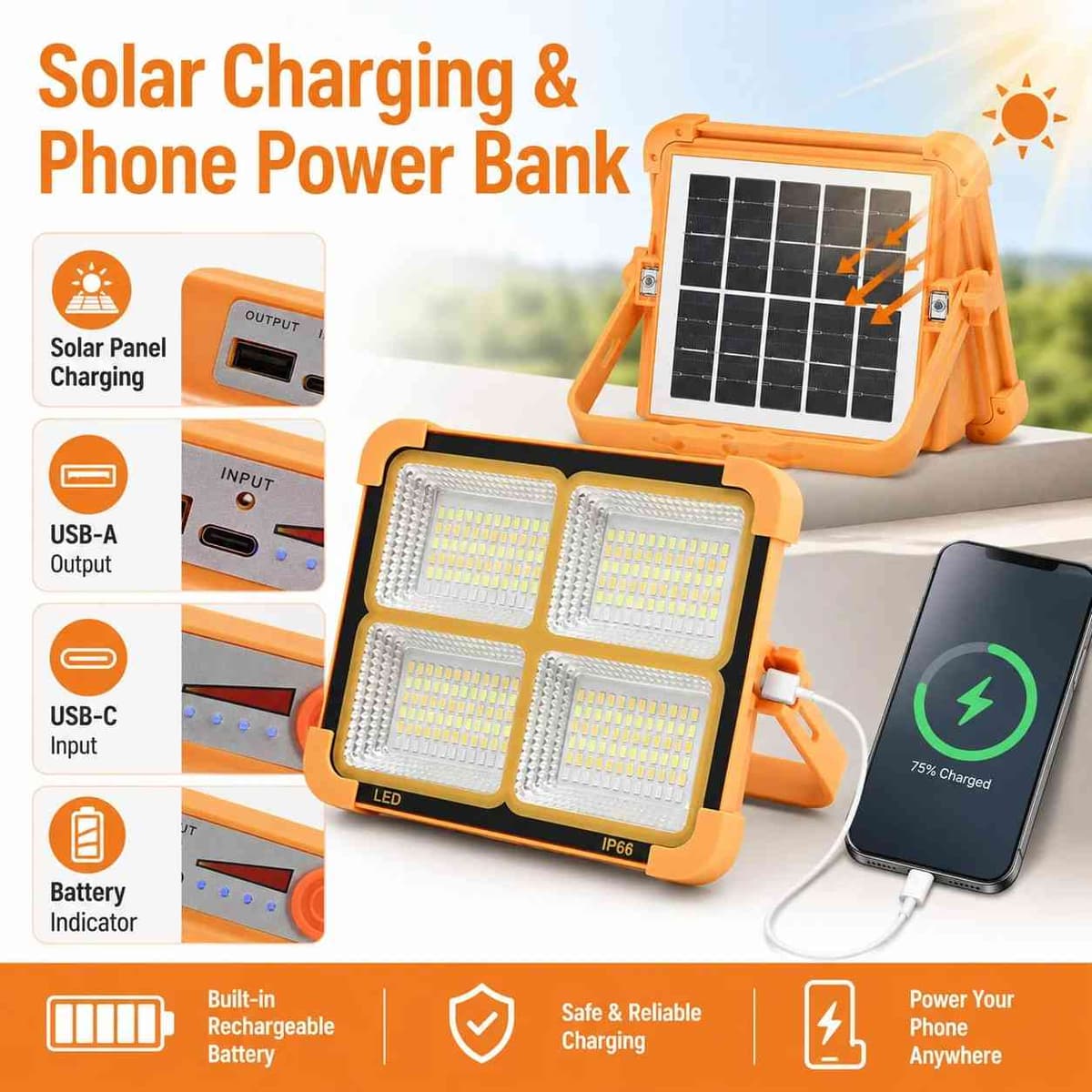 Solar LED Flood Light Portable USB Power Bank 4 Light Modes Adjustable Stand | shwapnomart - Image 2