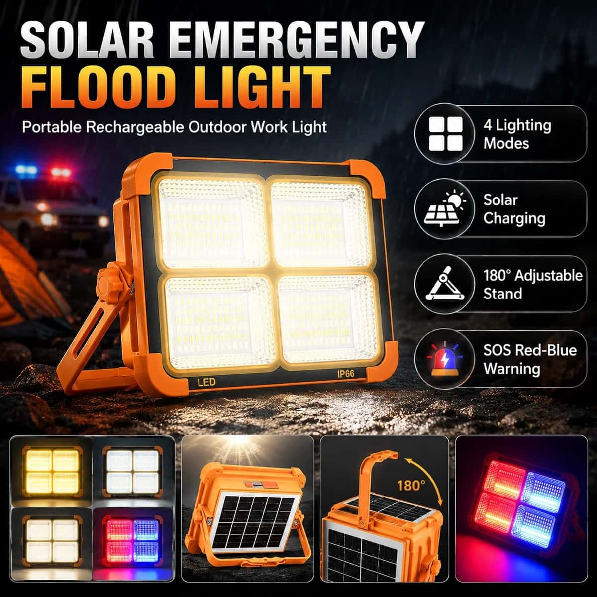 Solar LED Flood Light Portable USB Power Bank 4 Light Modes Adjustable Stand | shwapnomart